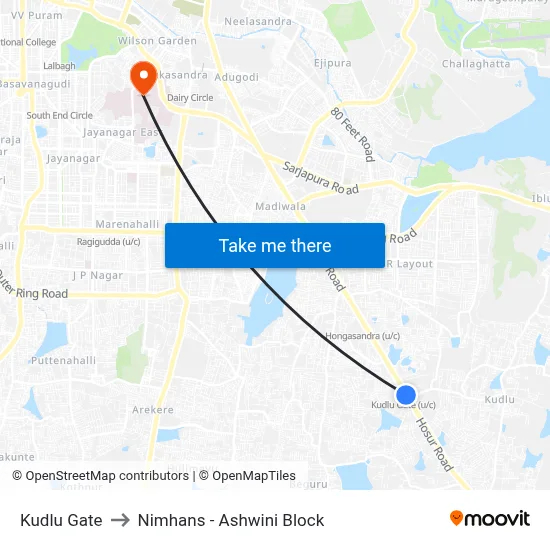 Kudlu Gate to Nimhans - Ashwini Block map