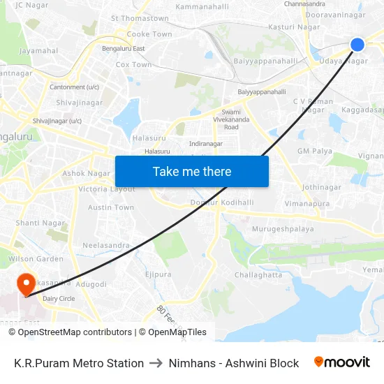 K.R.Puram Metro Station to Nimhans - Ashwini Block map