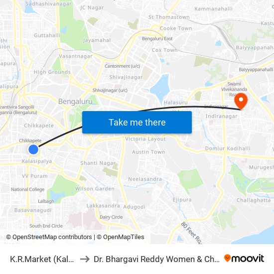 K.R.Market (Kalasipalya) to Dr. Bhargavi Reddy Women & Children Hospital map