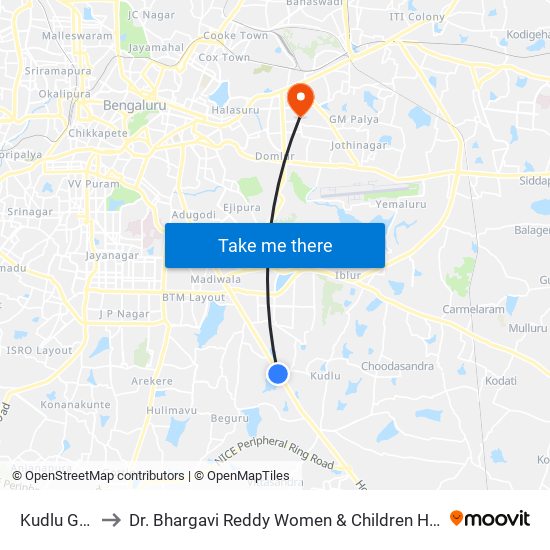 Kudlu Gate to Dr. Bhargavi Reddy Women & Children Hospital map
