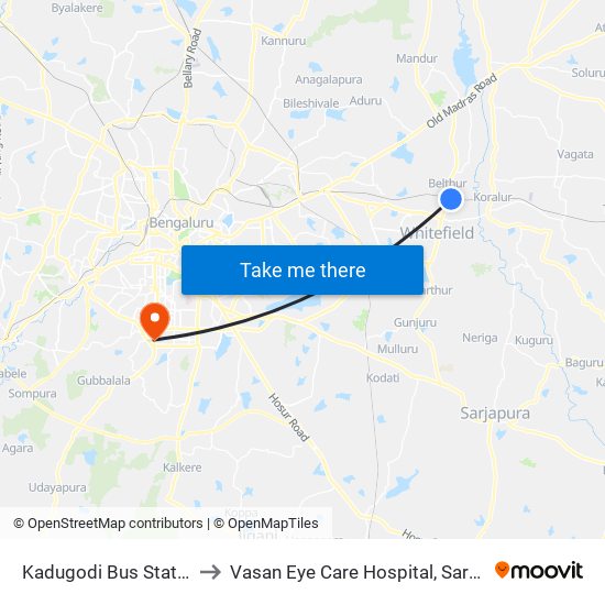 Kadugodi Bus Station to Vasan Eye Care Hospital, Sarakki map
