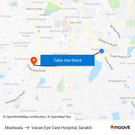 Madiwala to Vasan Eye Care Hospital, Sarakki map