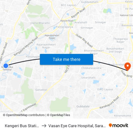 Kengeri Bus Station to Vasan Eye Care Hospital, Sarakki map