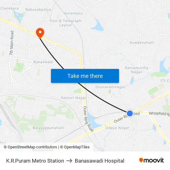 K.R.Puram Metro Station to Banasawadi Hospital map