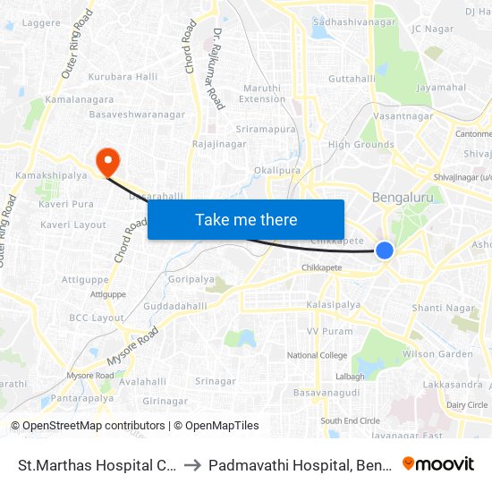 St.Marthas Hospital Corporation to Padmavathi Hospital, Bengaluru Urban map