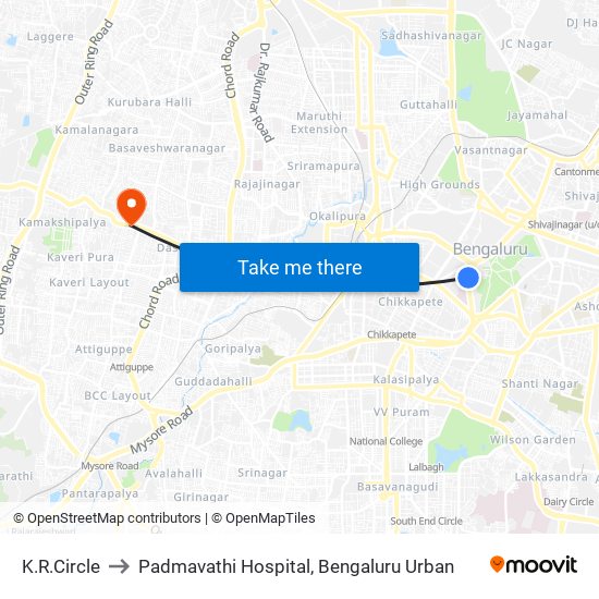 K.R.Circle to Padmavathi Hospital, Bengaluru Urban map