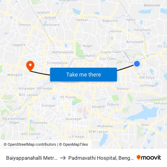 Baiyappanahalli Metro Station to Padmavathi Hospital, Bengaluru Urban map