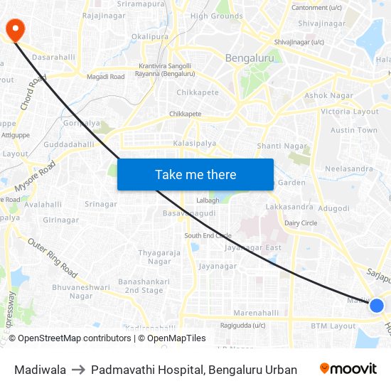 Madiwala to Padmavathi Hospital, Bengaluru Urban map