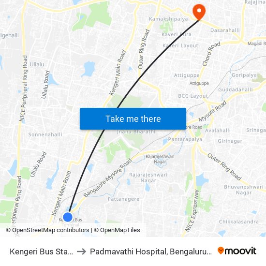 Kengeri Bus Station to Padmavathi Hospital, Bengaluru Urban map