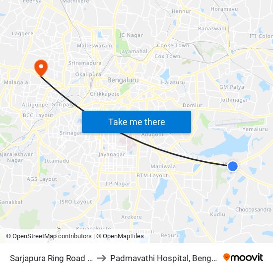 Sarjapura Ring Road Junction to Padmavathi Hospital, Bengaluru Urban map