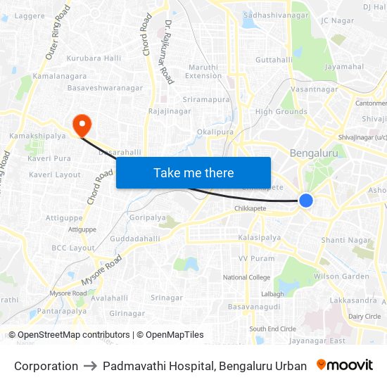 Corporation to Padmavathi Hospital, Bengaluru Urban map