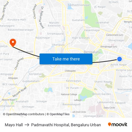 Mayo Hall to Padmavathi Hospital, Bengaluru Urban map