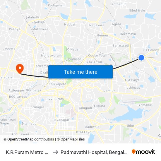 K.R.Puram Metro Station to Padmavathi Hospital, Bengaluru Urban map