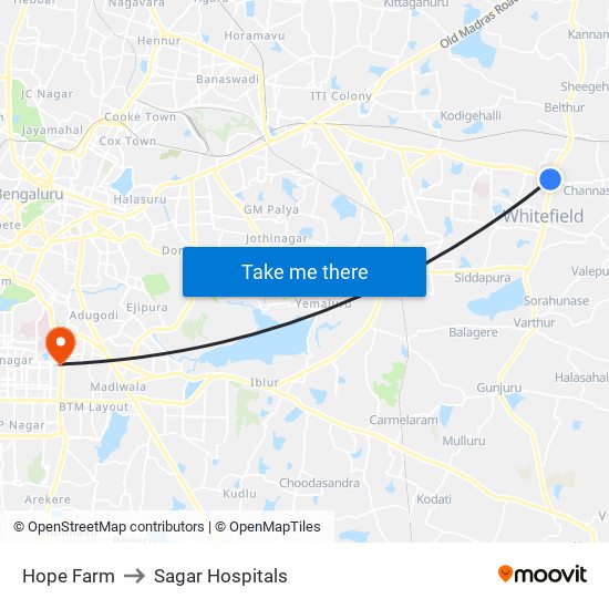 Hope Farm to Sagar Hospitals map