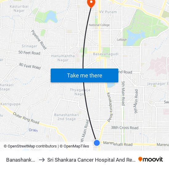 Banashankari Bus Station to Sri Shankara Cancer Hospital And Research Centre (A Service Unit Of Sscf) map