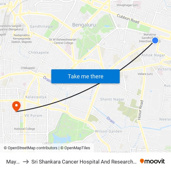 Mayo Hall to Sri Shankara Cancer Hospital And Research Centre (A Service Unit Of Sscf) map