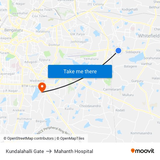 Kundalahalli Gate to Mahanth Hospital map