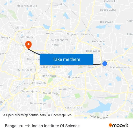 Bengaluru to Indian Institute Of Science map