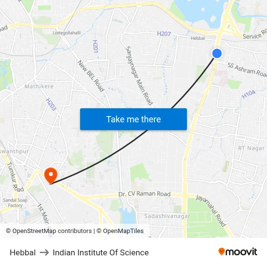 Hebbal to Indian Institute Of Science map