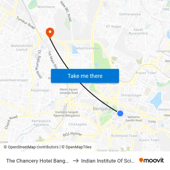The Chancery Hotel Bangalore to Indian Institute Of Science map