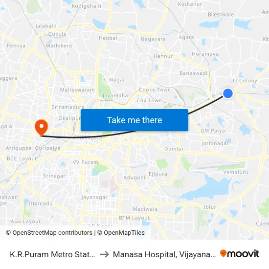 K.R.Puram Metro Station to Manasa Hospital, Vijayanagar map