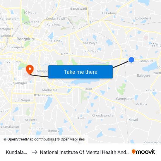 Kundalahalli Gate to National Institute Of Mental Health And Neuro Sciences(Nimhans) map