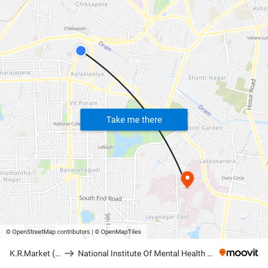 K.R.Market (Kalasipalya) to National Institute Of Mental Health And Neuro Sciences(Nimhans) map