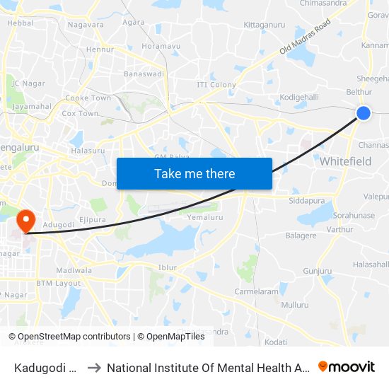 Kadugodi Bus Station to National Institute Of Mental Health And Neuro Sciences(Nimhans) map