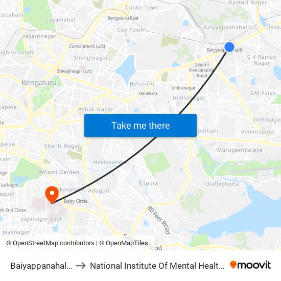 Baiyappanahalli Metro Station to National Institute Of Mental Health And Neuro Sciences(Nimhans) map