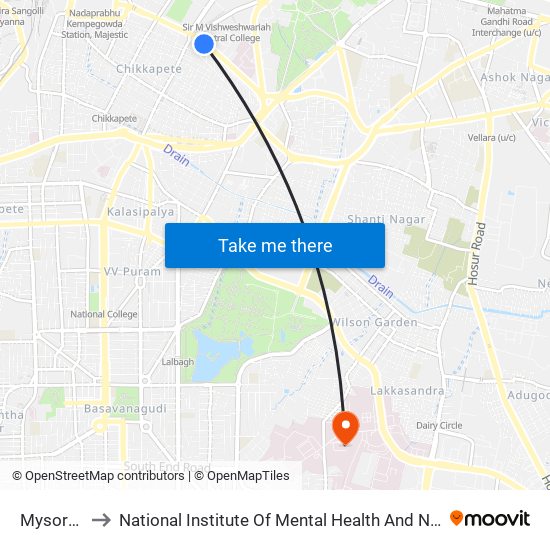 Mysore Bank to National Institute Of Mental Health And Neuro Sciences(Nimhans) map