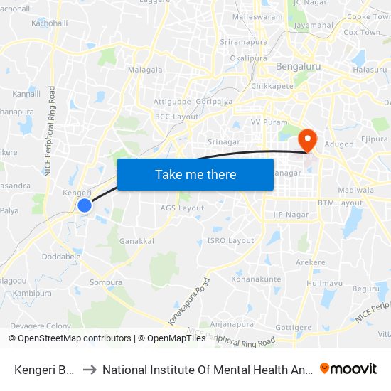 Kengeri Bus Station to National Institute Of Mental Health And Neuro Sciences(Nimhans) map