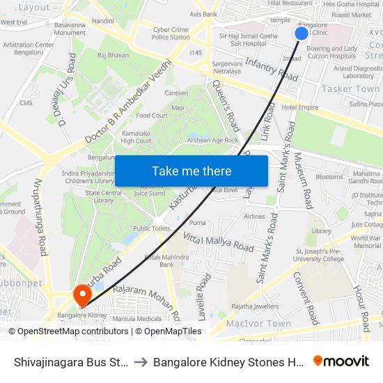 Shivajinagara Bus Station to Bangalore Kidney Stones Hospital map