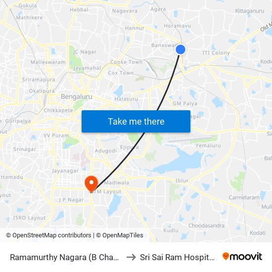 Ramamurthy Nagara (B Channasandra Bridge) to Sri Sai Ram Hospital - Bangalore map