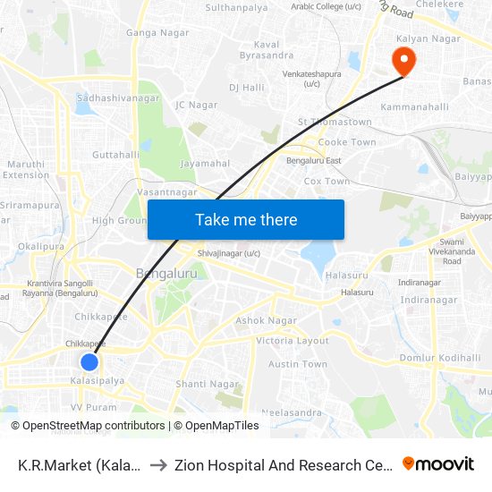 K.R.Market (Kalasipalya) to Zion Hospital And Research Centre Pvt.Ltd. map