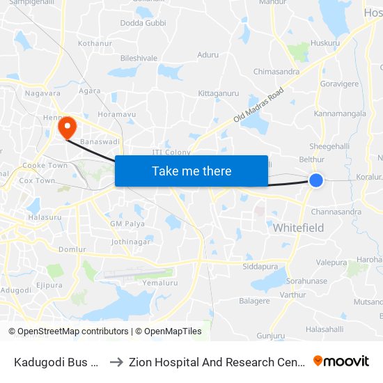 Kadugodi Bus Station to Zion Hospital And Research Centre Pvt.Ltd. map