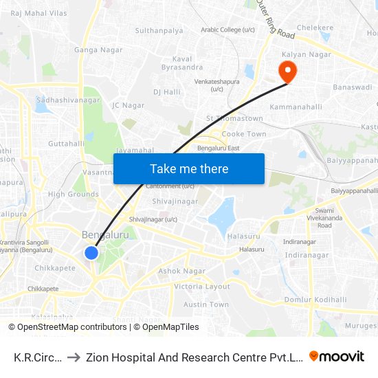 K.R.Circle to Zion Hospital And Research Centre Pvt.Ltd. map