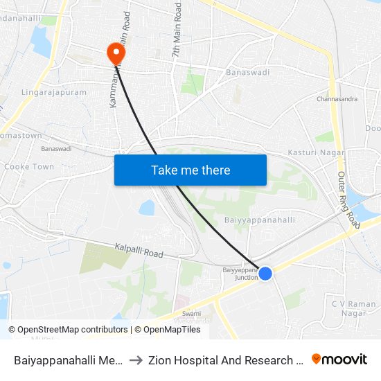 Baiyappanahalli Metro Station to Zion Hospital And Research Centre Pvt.Ltd. map
