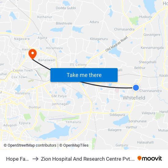 Hope Farm to Zion Hospital And Research Centre Pvt.Ltd. map