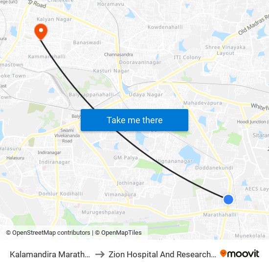 Kalamandira  Marathahalli Bridge to Zion Hospital And Research Centre Pvt.Ltd. map