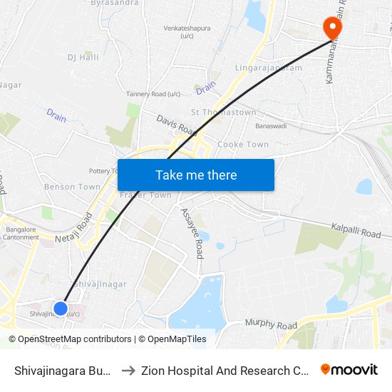 Shivajinagara Bus Station to Zion Hospital And Research Centre Pvt.Ltd. map