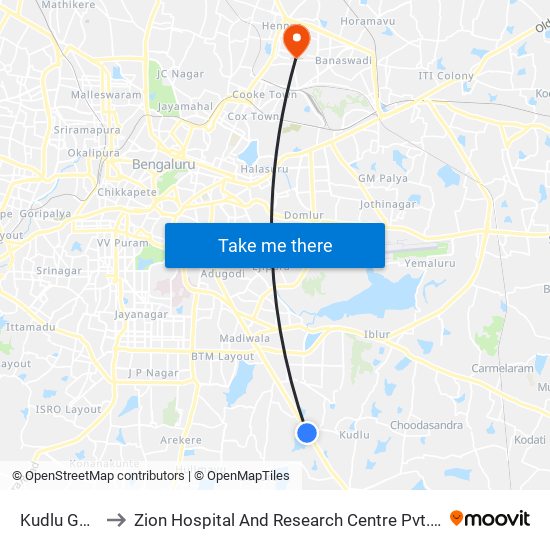 Kudlu Gate to Zion Hospital And Research Centre Pvt.Ltd. map