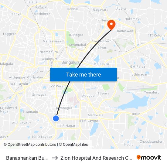 Banashankari Bus Station to Zion Hospital And Research Centre Pvt.Ltd. map