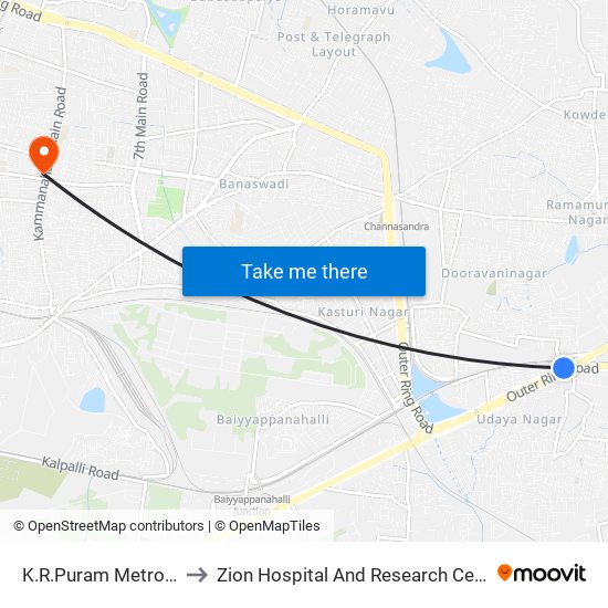 K.R.Puram Metro Station to Zion Hospital And Research Centre Pvt.Ltd. map