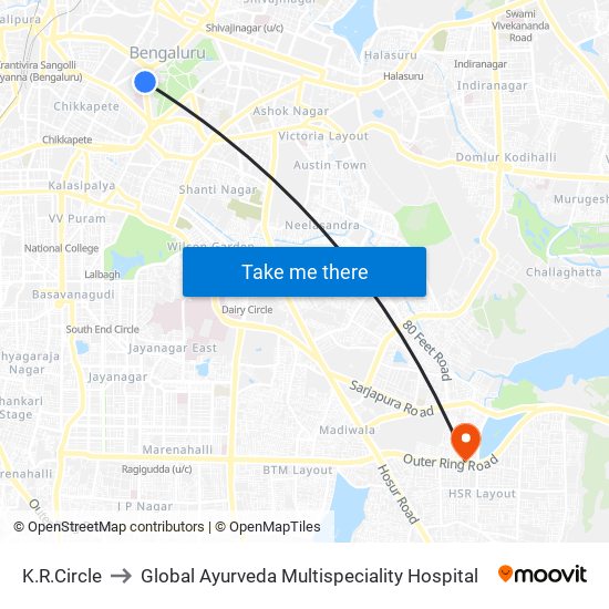 K.R.Circle to Global Ayurveda Multispeciality Hospital map