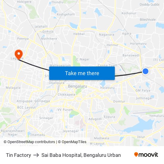 Tin Factory to Sai Baba Hospital, Bengaluru Urban map