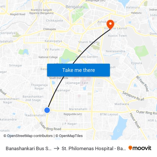 Banashankari Bus Station to St. Philomenas Hospital - Bangalore map