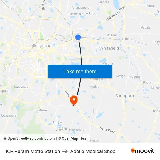 K.R.Puram Metro Station to Apollo Medical Shop map