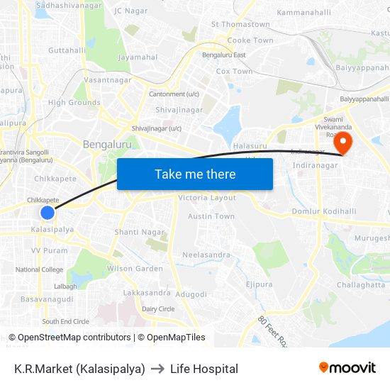 K.R.Market (Kalasipalya) to Life Hospital map