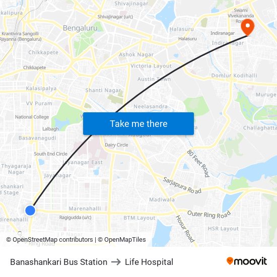 Banashankari Bus Station to Life Hospital map