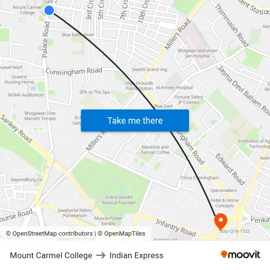 Mount Carmel College to Indian Express map